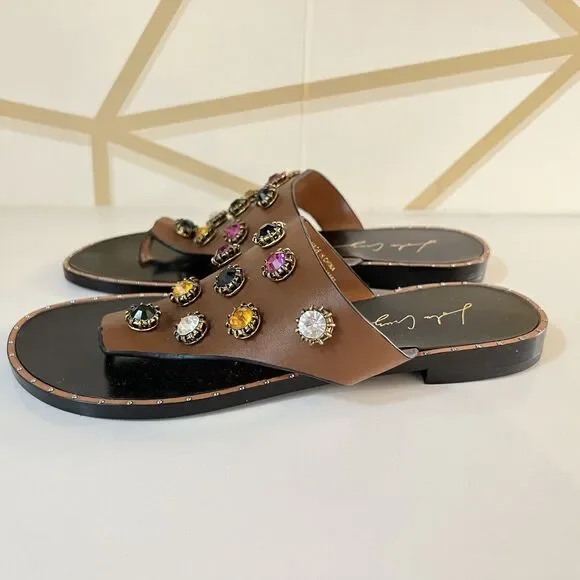 Lola Cruz Embellished Jeweled Brown Leather Flip Flops Sandals Size EU 37 US 7 - Picture 2 of 11